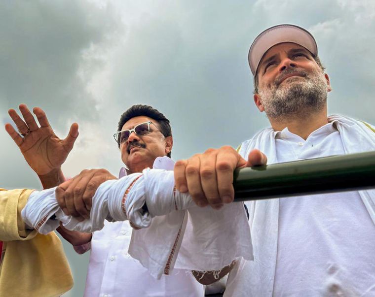 Fighting spirit: Congress leader Rahul Gandhi with Tamil Nadu Chief Minister M.K. Stalin at the ‘Voter Adhikar Yatra’ in Bihar | PTI