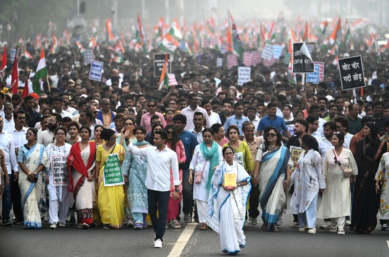 Leading the charge: West Bengal Chief Minister Mamata Banerjee at the Trinamool Congress protest against the SIR process in Kolkata | Salil Bera