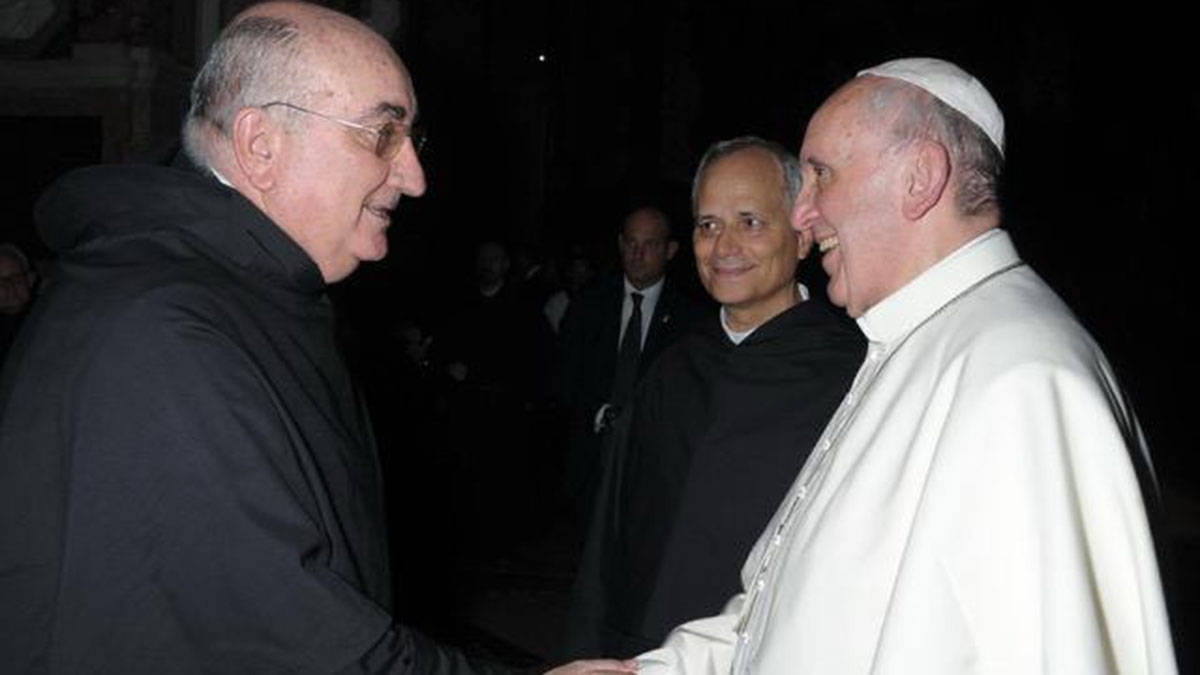 August company: Father Miguel shakes hands with Pope Francis in the presence of future pope  Robert Prevost.