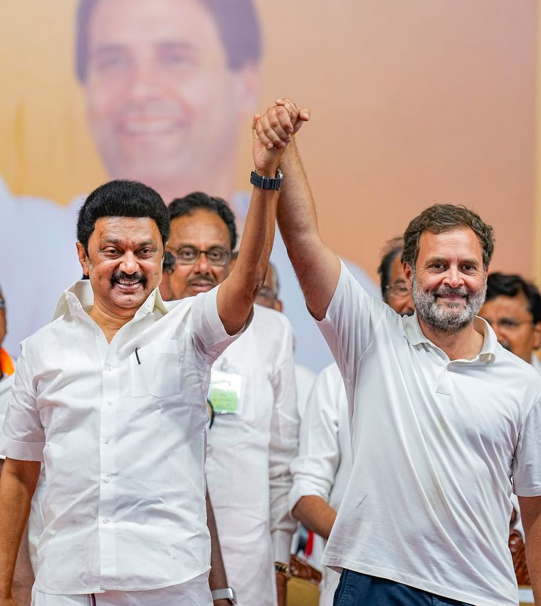 Strong bonds: Stalin with Rahul Gandhi at Coimbatore during the 2024 general election campaign | PTI