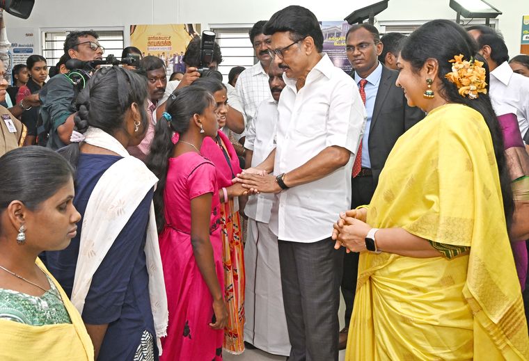 Stalin interacts with students in Chennai.