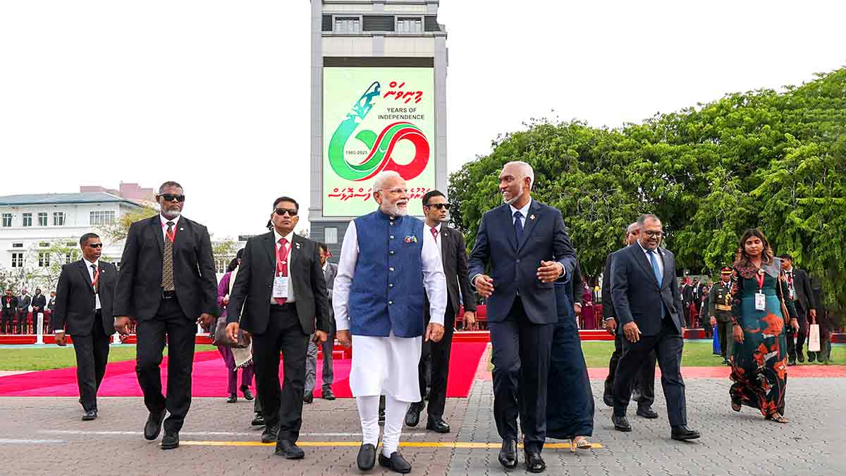 Back to business: Prime Minister Narendra Modi with Maldivian President Mohamed Muizzu in Malé on July 26 | PTI
