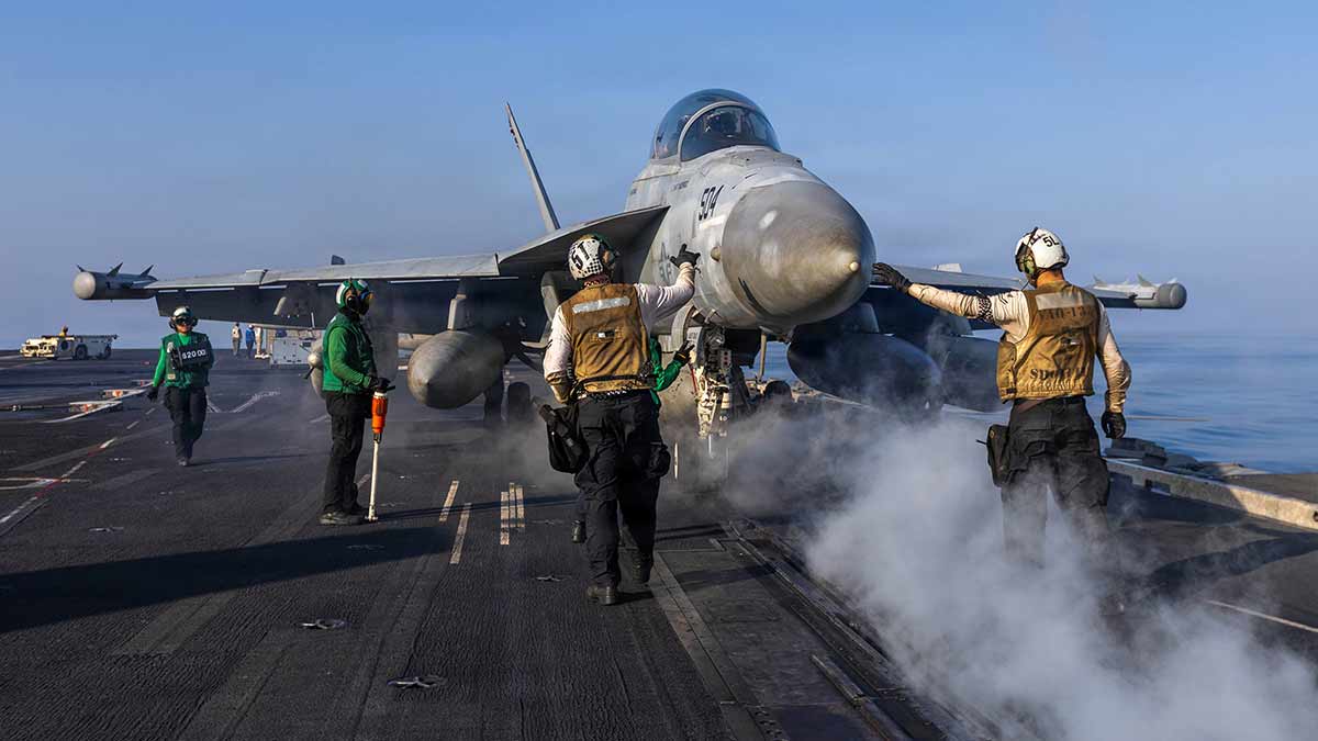 Ready to soar: An EA-18G Growler aircraft of the US Navy prepares to launch from the USS Abraham Lincoln during Operation Epic Fury against Iran | AP