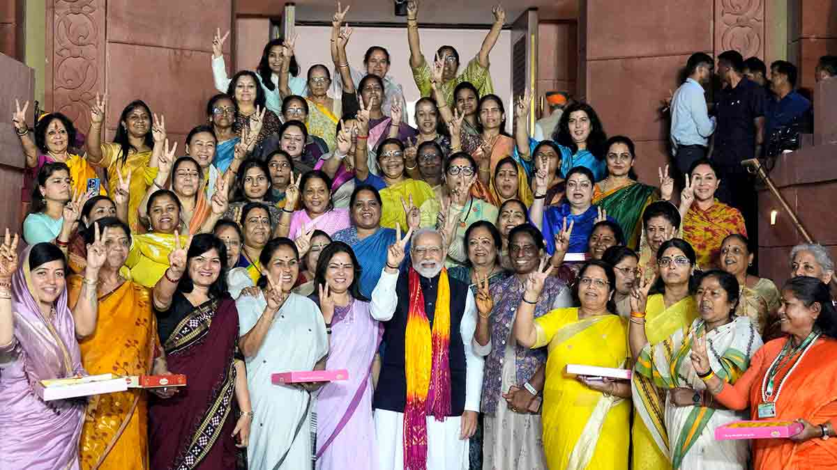 Major milestone: Prime Minister Narendra Modi with women MPs after the women’s reservation bill was passed in 2023 | PTI
