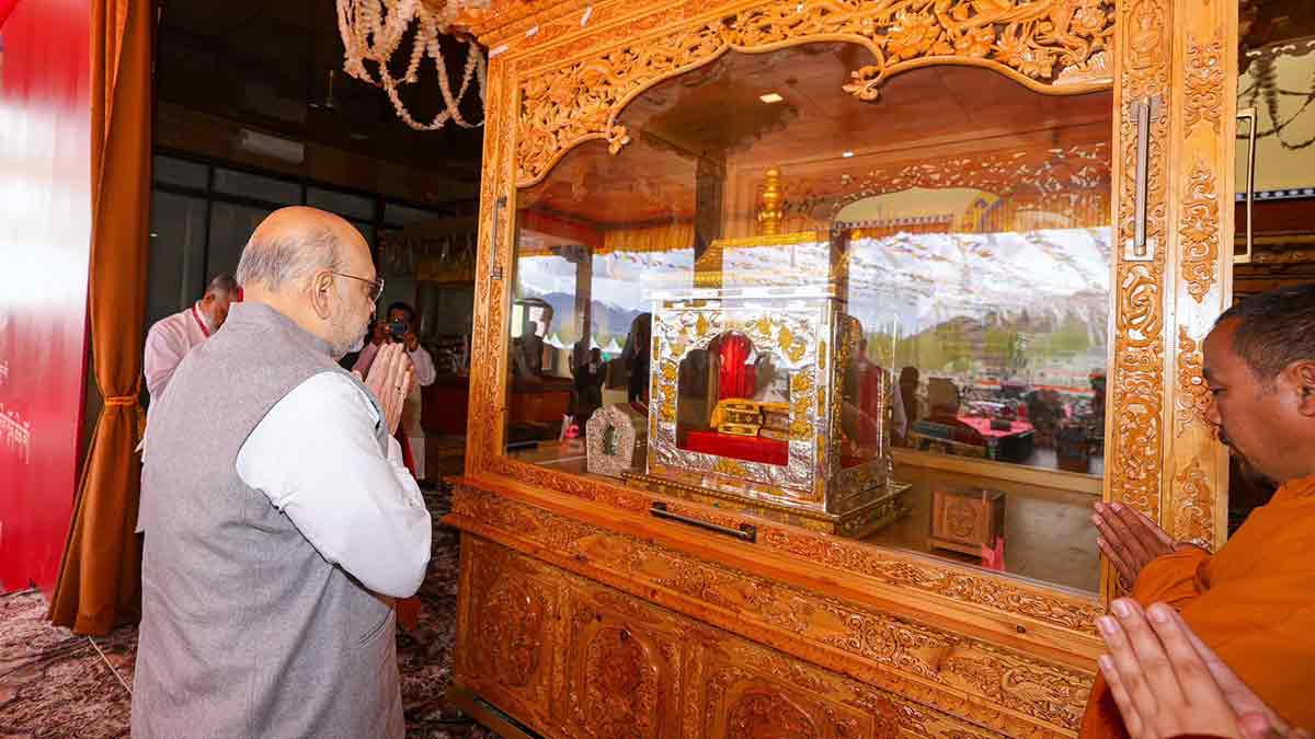 Moving spirit: Union Home Minister Amit Shah at the Sacred Buddha relics exposition in Ladakh on May 1 | X@Amitshah