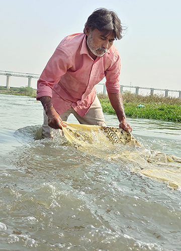 Kiran Chitara washing a Mata Ni Pachedi art-work.