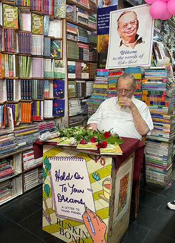 Joy in small things: Ruskin Bond at the Cambridge Book Depot, a favourite bookstore in Mussoorie.