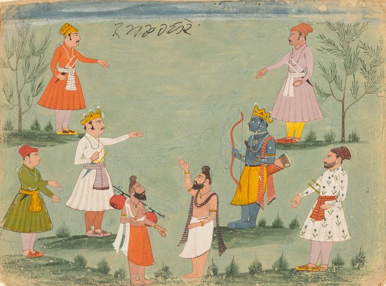 An Illustration from a Ramayana Series, Depicting Rama and Bharata Meeting in the Forest, with Two Sadhus and attendants - Pahadi artist (miniature painting) Natural pigment on wasli paper, late 19th century–early 20th century