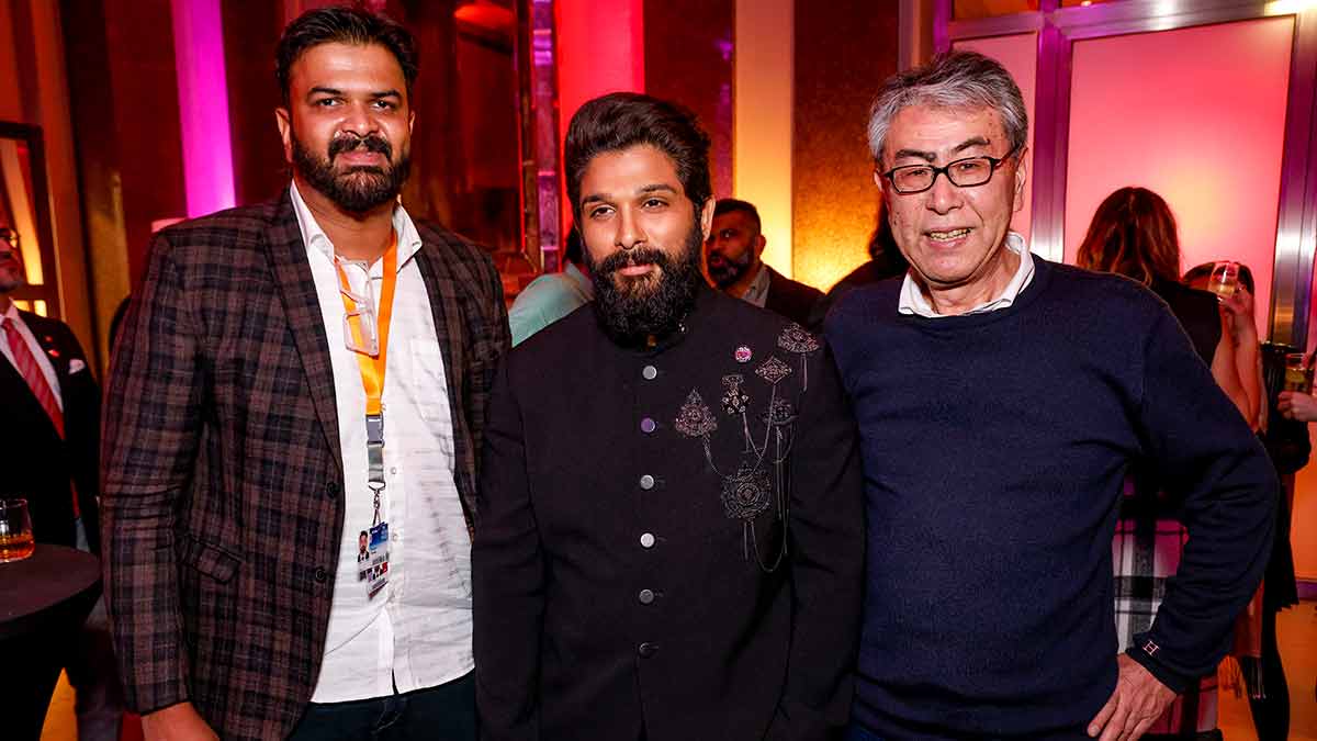 Three cheers: (From left) Shyam Kurup with actor Allu Arjun and Japanese distributor Keizo Kabata at a Pushpa 2 party during the Berlin film festival in 2024. Kurup is a regular at various international film festivals.