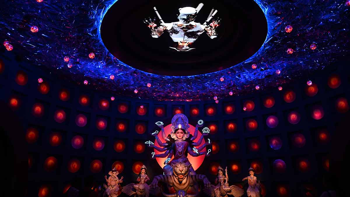 Future tense: Images of Jagat Mukherjee Park’s AI-themed Durga Puja pandal | Salil Bera