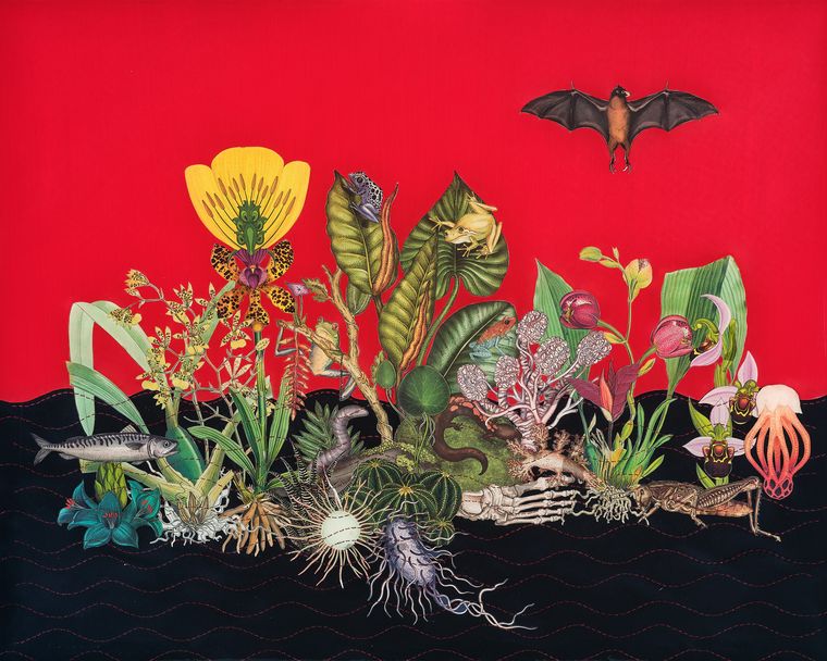 Anila Quayyum Agha’s Rising Waters and a Hungry Bat (Human fragments, plants, land & sea creatures), which is also on display | Courtesy Sundaram Tagore Gallery