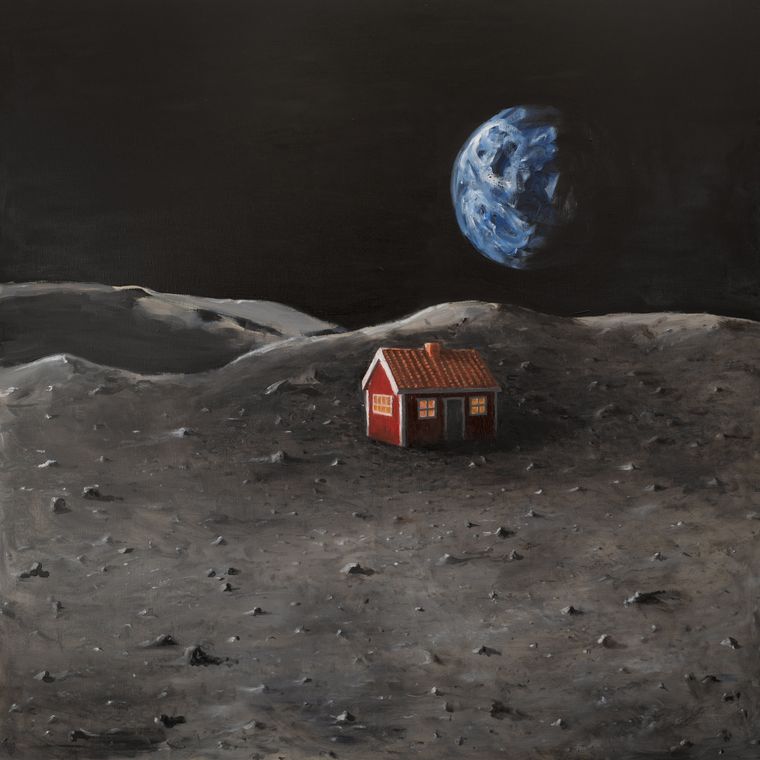 Reaching for the moon: Mikael Genberg’s artistic impression of the little red house on the moon on canvas.