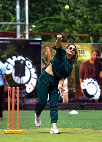 Bowled over: Saiyami Kher plays cricket during promotion of her film, Ghoomer | PTI