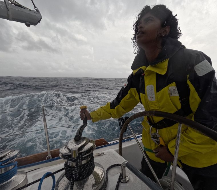 Uncharted waters: Dilna and Roopa navigate rough weather aboard the INSV Tarini.
