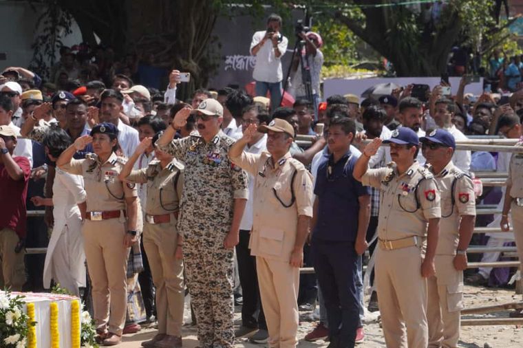 Assam DGP Harmeet Singh (in fatigues), with other officers at the funeral