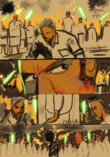 Colours come to life: Sketches of a fight scene from the series The Chronicles of the 4.5 Gang.