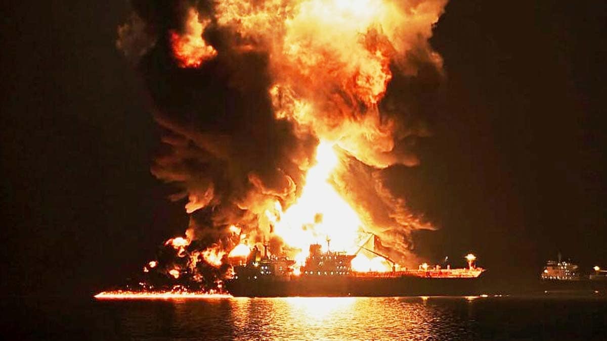 Fire and fury: An oil tanker burns after an Iranian strike at Khor al-Zubair port near Basra, Iraq |AP