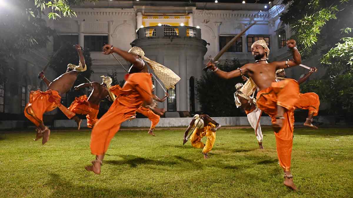 Art flows: Artistes perform Chhau dance at the Belgadia Palace in Mayurbhanj.