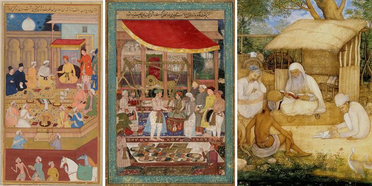 Glimpses of the past: (From left) Akbar holds a religious assembly in Fatehpur Sikri; Jahangir weighing his son Khurram against gold and silver on his 15th birthday; the miniature from the Shah Jahan Album shows an astrologer reading a horoscope.