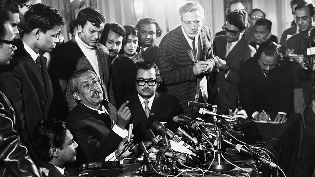 A hero goes home: Mujib speaks during a news conference in London before leaving for Dhaka in January 1972 | Getty Images