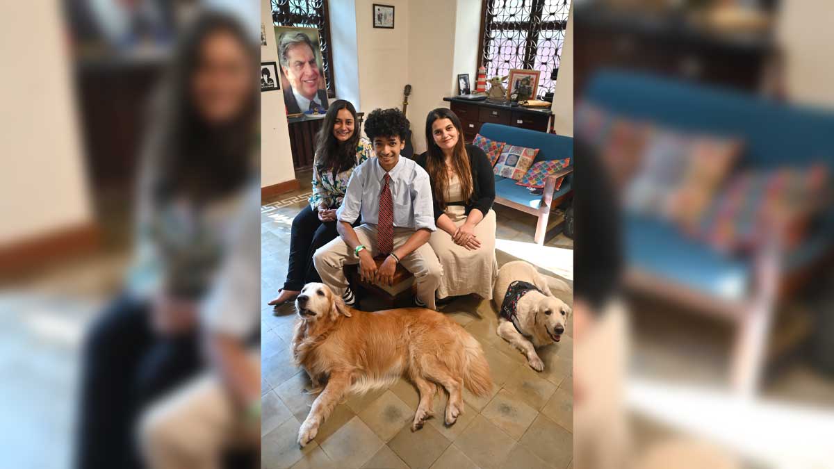 Good Fellows: Shantanu Naidu (centre) with cofounders Niki Thakur (left) and Gargi Sandu and his two pets-golden retriever Winter (left) and labrador Zoey | Amey Mansabdar