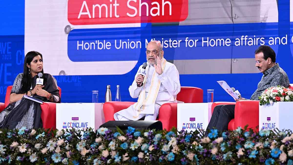 Union Home Minister Amit Shah with Namrata Biji Ahuja, THE WEEK’s Chief of Bureau, Delhi, and Johny Lukose, Director (news) of Manorama News | Jibin Chempola