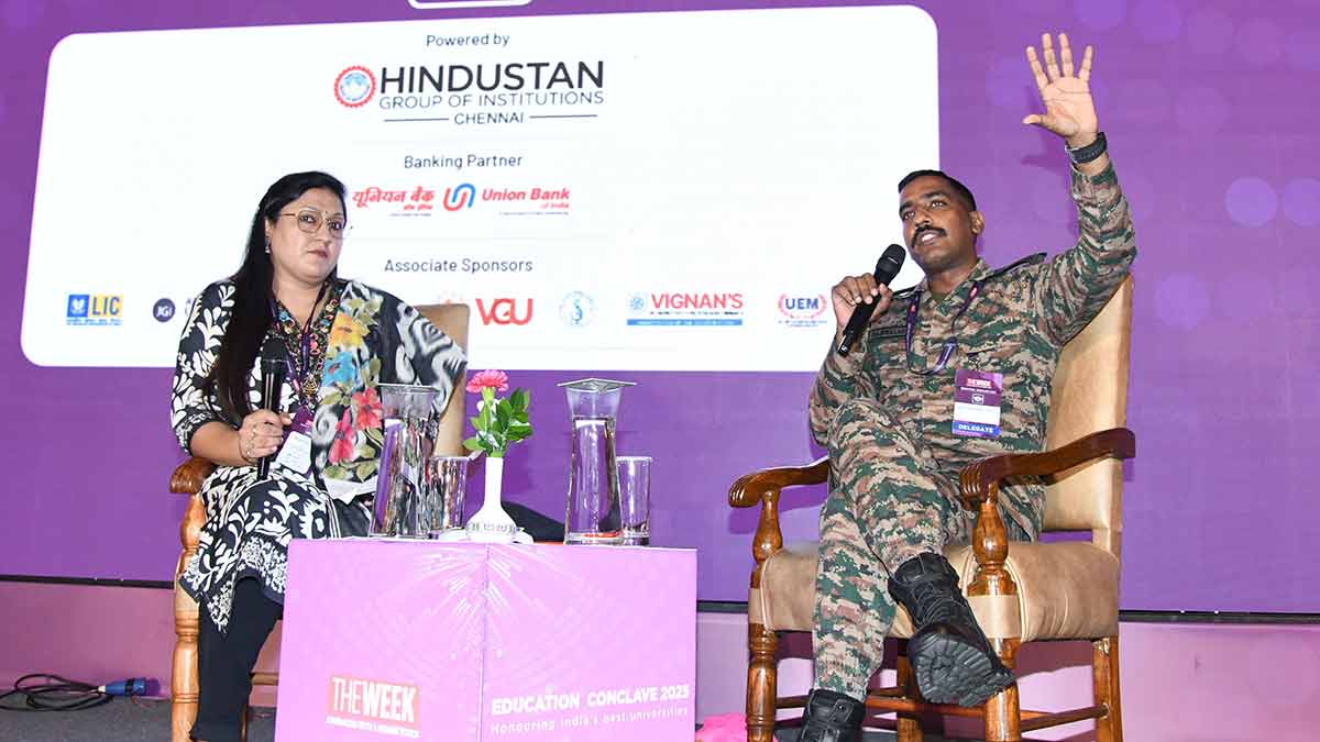 Kanu Sarda, Senor correspondet The Week in conversation with Major R Prasad, on innovations at The Week Education ConclaveNew Delhi, July 30,2025Photo:Sanjay Ahlawat