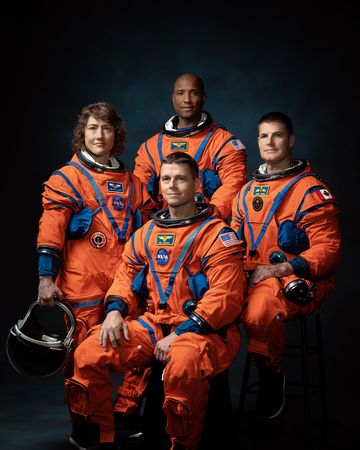 Widening horizons: Artemis II crew; NASA astronauts Christina Koch, Victor Glover and Reid Wiseman (sitting) and Canadian Space Agency astronaut Jeremy Hansen | NASA