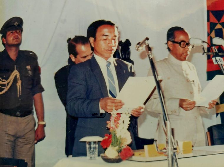 Zoramthanga being sworn in as minister for the first time.