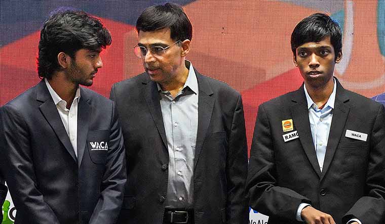 Master mentor: Anand with Gukesh (left) and Praggnanandhaa | PTI