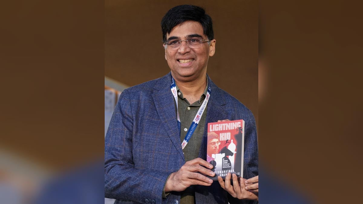 Lightning strikes: Viswanathan Anand with his new book 'Lightning Kid' at a literary meet, in Kolkata | PTI
