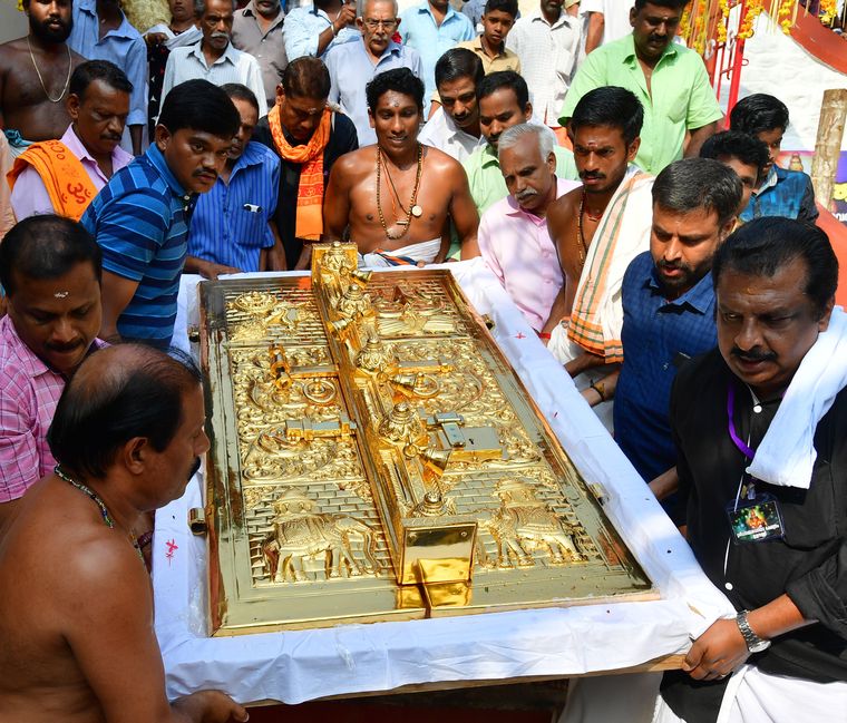 Losing sheen: The gold-covered door to the sanctum sanctorum being transported to the temple in 2019 | Reju Arnold
