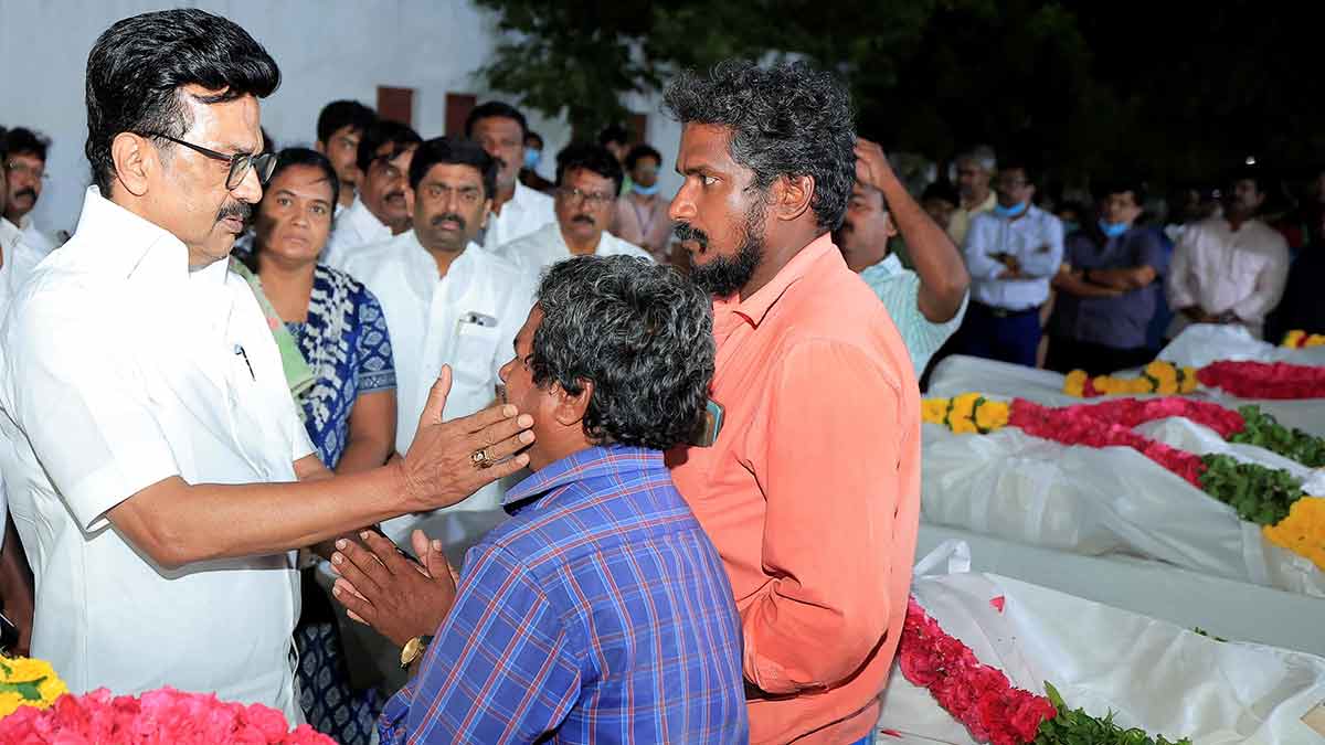 Picture of grief: (Left) Chief Minister M.K. Stalin consoling relatives of victims at the Karur district government hospital on September 28 | PTI