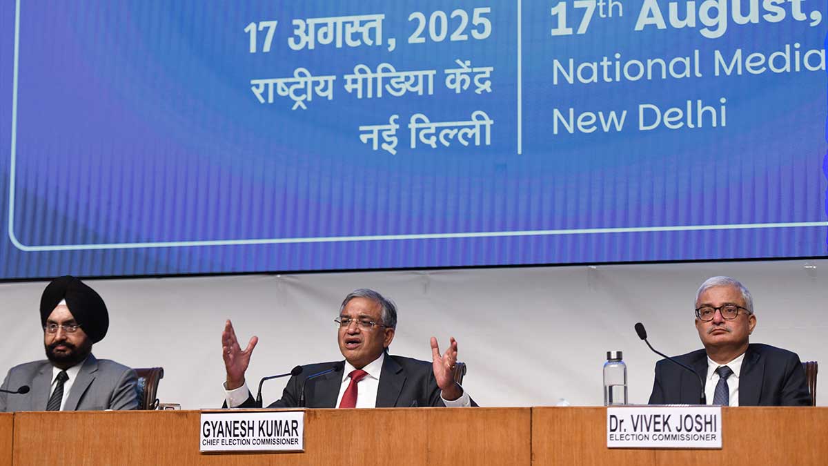 Sticky wicket: Chief Election Commissioner Gyanesh Kumar flanked by Election Commissioners Sukhbir Singh Sandhu (left) and Vivek Joshi | Sanjay Ahlawat