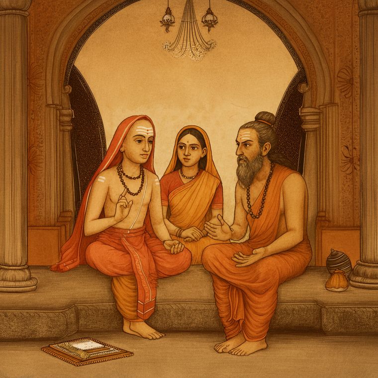 Bharati joining in Sankara’s debate with Mandan Mishra | Shutterstock AI