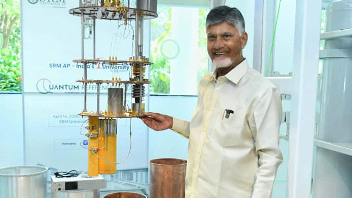 Breaking ground: Chandrababu Naidu at the quantum hardware testing facility at SRM University.
