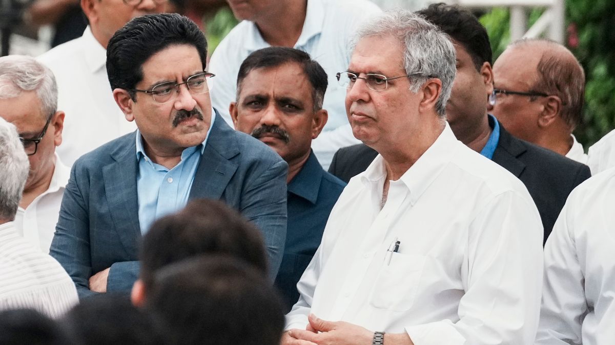 Noel Tata with Aditya Birla Group Chairperson Kumar Mangalam Birla (left) while paying homage to business leader Ratan Tata at NCPA lawns, in Mumbai on October 10, 2024 | PTI