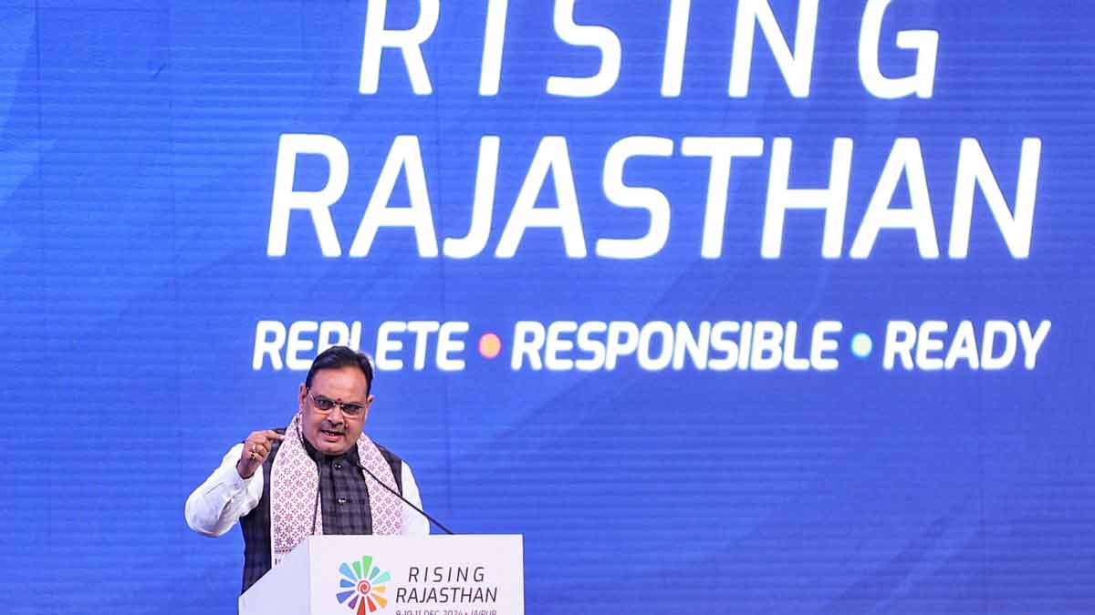 Rajasthan Chief Minister Bhajan Lal Sharma addresses a gathering during the Rising Rajasthan Global Investment Summit's closing ceremony, in Jaipur | PTI