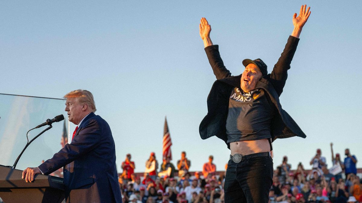 (File) Tesla and SpaceX CEO Elon Musk (right) on stage with US President-elect Donald Trump (left) during a campaign rally in October 2024 | AFP