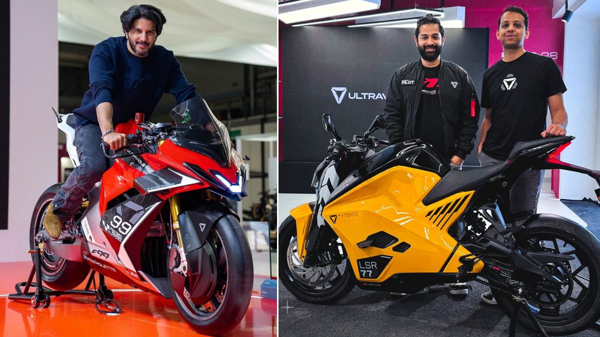 (File) Pan-India movie actor Dulquer Salmaan with the yet-to-be released F99 electric bike (left) and Ultraviolette founders Niraj Rajmohan and Narayan Subramaniam with the F77 bike | Social media/Facebook
