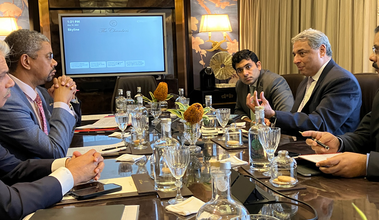 Wales' first minister Vaughan Gething holding a meeting with Tata executives in Mumbai | X