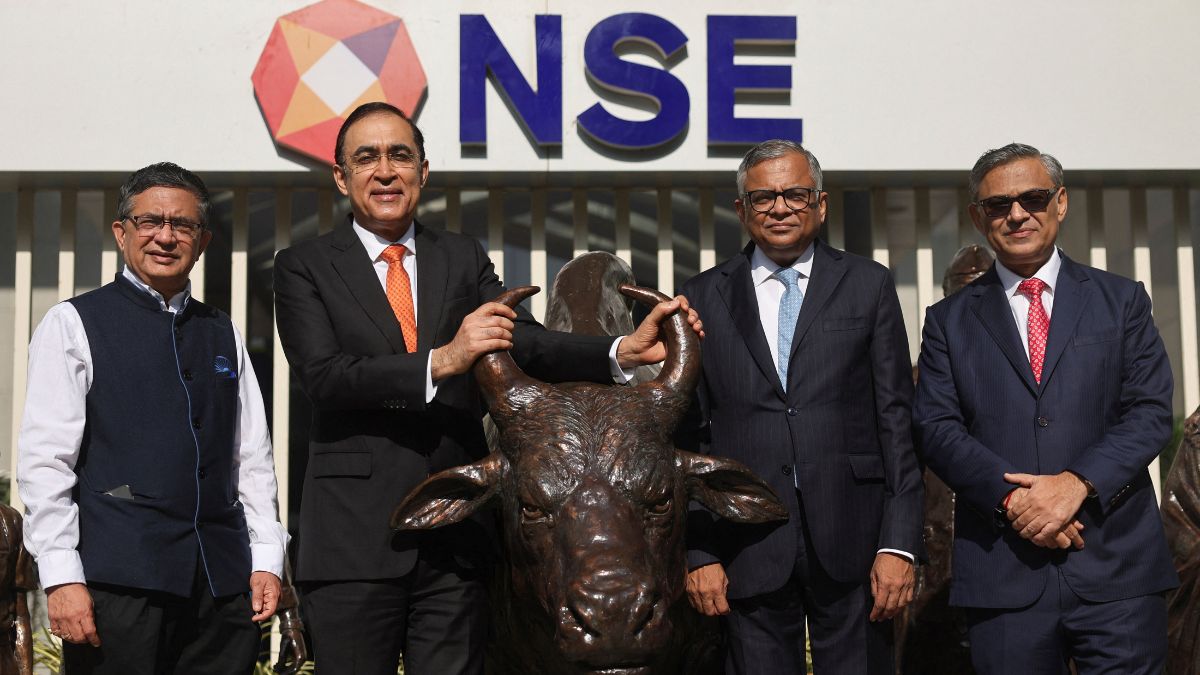 NSE CEO Ashish Chauhan, Tata Capital MD and CEO Rajiv Sabharwal, Tata Sons Chairman N Chandrasekaran and Tata Capital Chairman Saurabh Agrawal ahead of the listing ceremony of Tata Capital at the NSE on October 13, 2025. | REUTERS