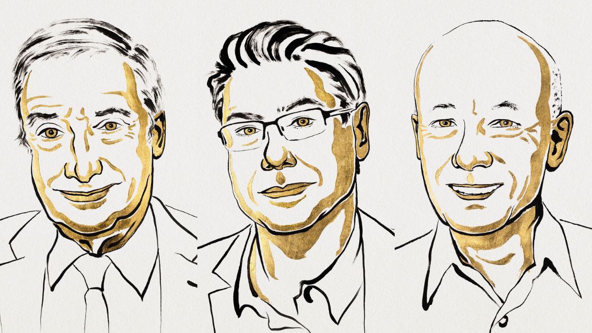 Illustrations by Niklas Elmehed of the winners of Sveriges Riksbank Prize in Economic Sciences in Memory of Alfred Nobel 2025; From left: Joel Mokyr, Philippe Aghion, Peter Howitt | Niklas Elmehed / Nobel Prize Outreach