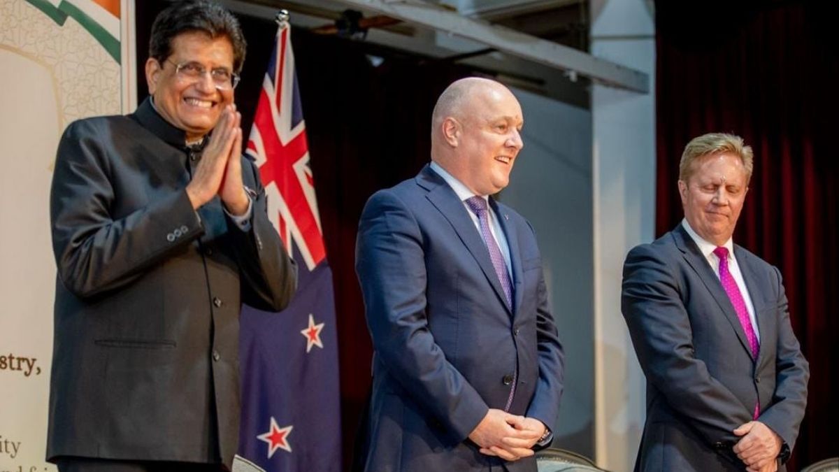 Union Minister Piyush Goyal (left) at an Indian Community Event along with New Zealand PM Christopher Luxon (centre) and and NZ Trade Minister Todd McClay | X