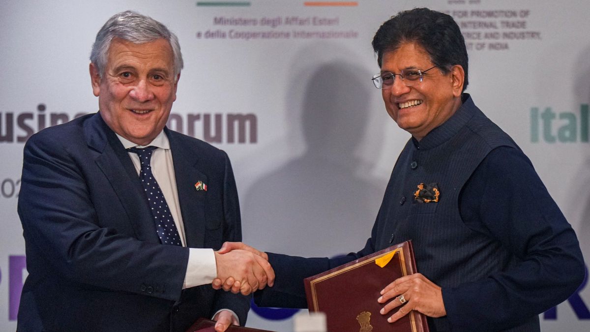 Union Commerce Minister Piyush Goyal, right, and Italian Deputy Prime Minister and Foreign Minister Antonio Tajani during the Italy-India Business Forum in Mumbai | PTI