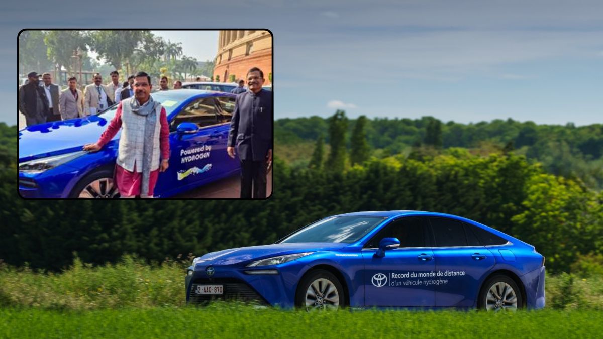 The Toyota Mirai hydrogen fuel-cell electric vehicle; Inset: Ministers Prahlad Joshi and  Shripad Yesso Naik at the Parliament with the vehicle | PIB/Toyota