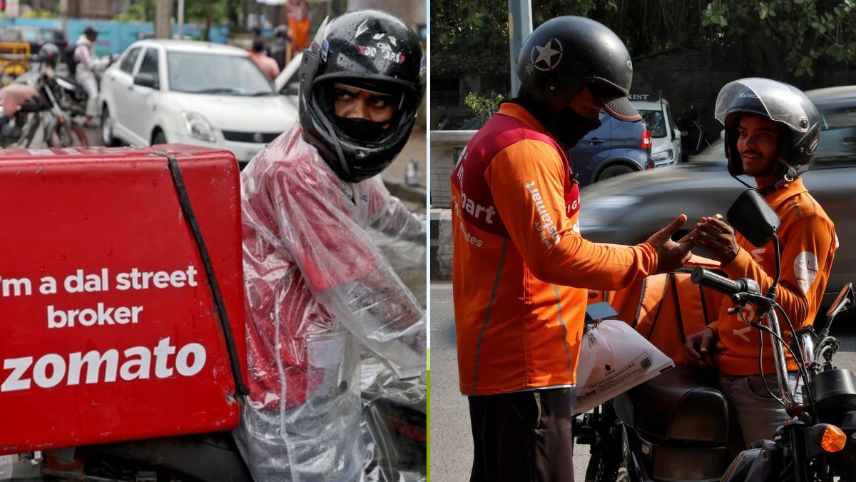 Representative images of delivery drivers from Swiggy and Zomato | Reuters
