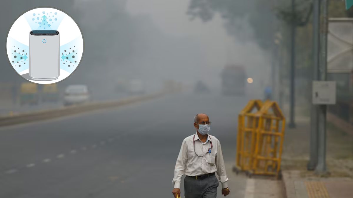 Representative image of air pollution in Delhi; (inset) An air purifier | Reuters, Shutterstock