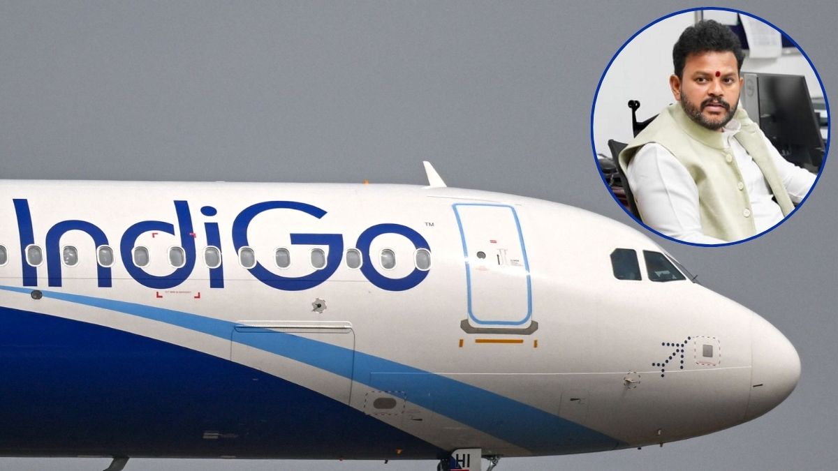 IndiGo aircraft; Union Aviation Minister Ram Mohan Naidu Kinjarapu [inset] | AFP/PTI