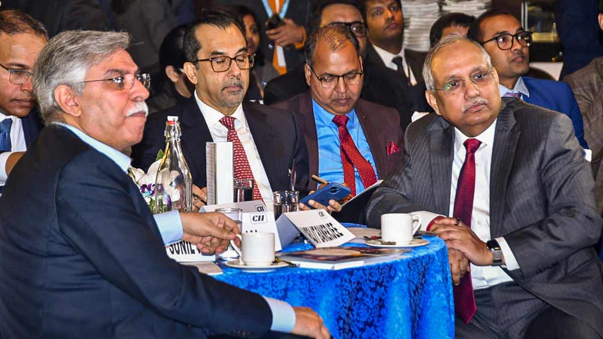 In this image provided by CII, CII President Sanjiv Puri and other dignitaries at a CII Budget viewing session, in New Delhi | PTI 
